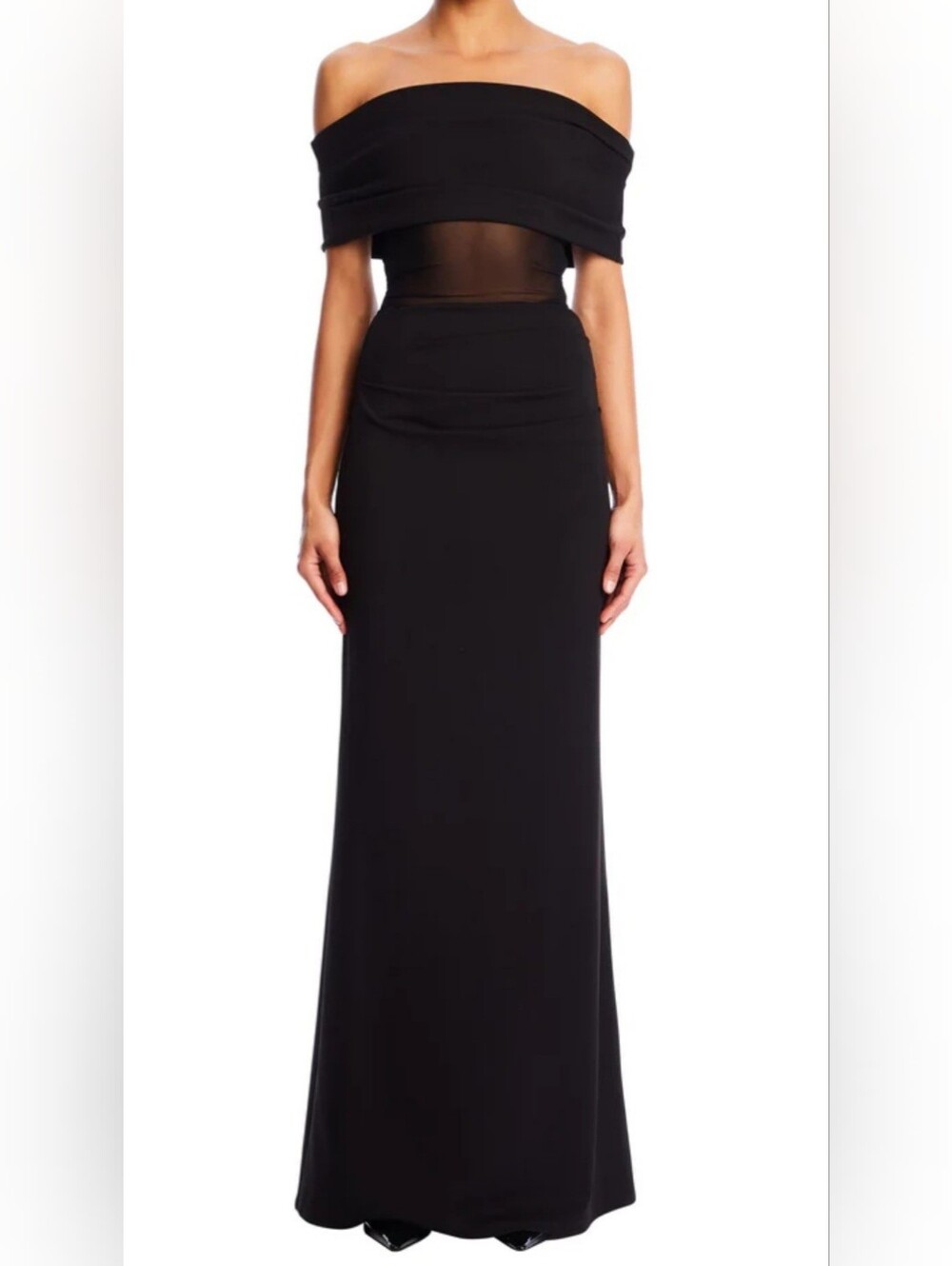 Off-Shoulder Black Maxi Skirt with Sheer Waist Panel